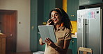 Tablet, discussion and woman with phone call in home for project planning, story publication update and networking. Freelancer, journalist and speaking to source for interview confirmation and agenda