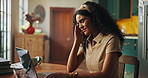 Headache, student and woman with laptop, home and stress for deadline of assignment or scholarship. Education, pain and person with migraine for exam, thinking and anxious for project, online or dorm
