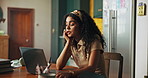 Bored, student and woman with laptop, home and tired of repetition of assignment on website and online. Exhausted, pupil and person with tech for exam, digital and thinking of scholarship in dorm