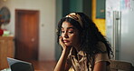 Bored, online and woman with laptop, home and tired of repetition of assignment on website and student. Exhausted, pupil and person with tech for exam, digital and thinking of scholarship in dorm