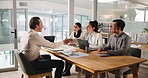 Handshake, interview and business people with candidate in office for recruitment process. Meeting, onboarding and man applicant with HR panel for shaking hands with job offer agreement for hiring.