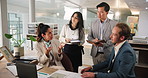 Finance, laptop and business people in office, meeting and planning for budget. Group, corporate training or employees in workplace, cooperation or pc with review for tax report, audit or cooperation