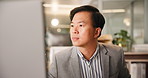 Business, computer and man in office, online reading and check budget for project. Employee, paperwork or financial consultant for company, documents or pc with website info, tax report or connection