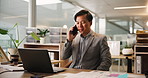 Talking, phone call and man with laptop, business and sales manager with app for project and corporate. Communication, employee and Asian person with tech for conversation, web and feedback in office