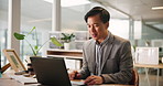 Video call, smile and man with laptop, business and feedback for project on app, sales manager and online. Office, talking and Asian person with tech for communication, employee and productivity