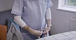 Nurse, getting ready and home in morning, work or clothes in healthcare, home care or nursing home. Woman, nursing and medical professional in preparation, start or career as carer, help or support