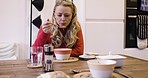 Woman, eating dinner at a table in her home alone. Mature lady, soup or stew for lunch with a healthy meal and food for nutrition in a house