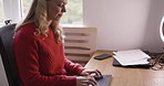 Freelance, home office and startup with a woman entrepreneur typing on a keyboard while working on a computer. Business, desk and creative with a female blogger at work online from her house alone