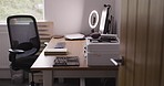 Computer, desk or ring light for influencer marketing, live streaming or vlogging in home office, house or studio. Furniture, technology or empty table for webinar, social media tutorial or podcast