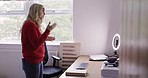 Business influencer, woman and home office content creator for financial, advice and planning in room. Business woman, recording and blog by entrepreneur sharing motivation, strategy and startup goal
