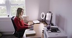 Home office, computer and woman typing email at desk, remote work or small business startup. Work from home, networking or writing blog with technology, internet and entrepreneur working in office.