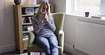 Sick, sad and depression woman thinking, mental health and anxiety with flu, covid and isolation in home. Mature female depressed, problem or fail mindset about fear, fail and lonely life in house