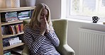 Medical, nose tissue and woman sick with flu, cold or covid virus infection while in recovery in home living room chair. Healthcare, blowing into napkin and person ill with winter sickness or allergy