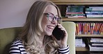 Phone call woman, home office conversation with smile on face and happy talking by bookshelf. Online teacher using phone, comic talk with wow surprise and funny smartphone discussion, study or room