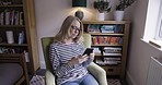 Woman, airpods and smartphone to listen to podcast, ebook and relax in study room, living room and content. Retirement, elderly female and wireless earphones for phone and listening to radio or music