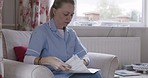 Woman, medical nurse or document in nursing home for life insurance application, healthcare test results or retirement planning and pension. Medicine worker and contract or paper in treatment