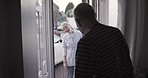 Door, visit and bonding with a senior man opening the door of his retirement home to see his adult daughter. House, welcome and love with a mature father answering the front door for a woman
