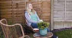 Mature woman, drinking coffee and relax on patio, porch or outdoor home garden, house or backyard in Australia. Happy, smile and wellness of calm lady drinking tea in peace, freedom or easy lifestyle
