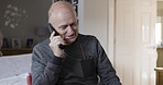 Call, physiotherapy and rehabilitation with a senior man talking on his phone while in his retirement home with his wife. Healthcare, conversation and mobile with an elderly male in recovery