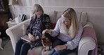 Family, cat and visit with a senior woman and daughter stroking a pet in the living room of a retirement home together. Love, animal and bonding with a female and mature mother in a house to relax