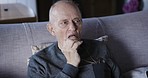 Mature man, eating and food for nutrition and diet while relaxing in retirement home. Senior man, retire and lunch, dinner of delicious snack or meal for hunger and old male on his couch