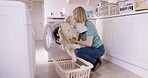 Housewife, laundry and washing machine for clothes in basket, cleaning and chores for the day. Housework, female and woman loading washer, dryer appliance and housekeeping for automatic wash or dirty