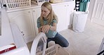 Cleaning, laundry and washing machine with woman and basket for housekeeper, cleaner and hygiene. Technology, home appliance and sanitary with housewife for fabric, clothes and automatic dryer  
