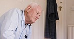 Depression, sad and senior man in his bedroom to relax, rest or grief alone in his house. Difficult, mental health and depressed elderly guy in retirement sitting in his room at home with a problem.