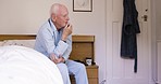 Thinking, morning and senior man in bed with mental problem, Alzheimers and dementia at home. Depression, retirement and worried elderly male sitting in bedroom with sadness, memories and confusion