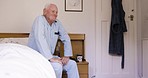 Depression, morning and bedroom with a senior man sitting on his bed, shaking his head while in pain during recovery. Thinking, mental health and lonely with a mature male in his retirement home