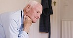 Senior man, thinking and stress with anxiety, depression and sad in retirement house, life mistake and fail. Mental health, problem and depressed elderly male, lonely and think of past memory in home