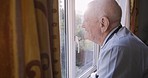 Elderly man, bedroom window and looking at garden, nature and outdoor sunshine in morning with happiness. Senior, nursing home or apartment by glass for view, thinking and calm mind in Los Angeles