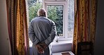 Senior man, depression and thinking of lonely, memories and life mistakes, anxiety and mental health in retirement house. Elderly male, pensioner and retired with grief, loss and alone in house room