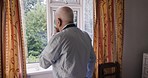 Senior man, morning and opening window curtain to wake up, relax and welcome light in room during retirement while thinking about plans, pension or memory. Old person in home bedroom for outdoor view