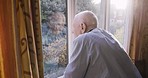 Reflection, home and senior man by window looking outdoors with memories, vision and thinking. Retirement home, nostalgia and elderly male with garden view for calm, peace and wellness in morning