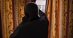 Bedroom, senior and man open curtain in the morning ready for start of the day in retirement nursing home. Healthcare wellness, glass window and elderly person wake up in apartment after beauty sleep