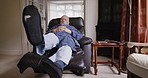 Senior man, stretch ankle in retirement home for rehabilitation of a painful bone due to arthritis. Osteoarthritis, health and elderly male with a bad ankle in rehab for wellness and recovery