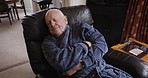 Senior man, sofa and sleeping in living room, resting or nap after rehabilitation in home. Relax, chair and retired, elderly and cold male from Canada in lounge tired after physiotherapy session.