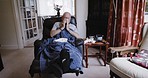 Sick cough, tissue and senior man recover from covid 19, corona virus infection or runny nose from allergy. Home rehabilitation, tuberculosis and elderly person with cold, flu or fever health problem
