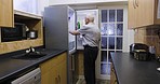 Kitchen, food and senior man in his fridge for ingredients to cook dinner, lunch or supper at home. Hungry, eating and elderly guy in retirement looking for snacks to eat in a refrigerator at a house