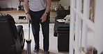 Cleaning, vacuum and senior man in home vacuuming floor for hygiene. Chores, spring cleaning or retired elderly male from Australia in living room with vacuum cleaner to remove dust on house carpet

