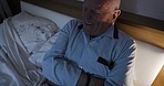 Senior man, bed with stomach pain, diarrhea or holding abdomen at night in home. Elderly male, bedroom and hurt with sore tummy, constipation or bloated with cramps, ibs or belly ache in the dark
