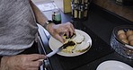 Lunch, food and man in kitchen to make cheese sandwich with marmalade, bread and knife on table for hunger, nutrition and energy. Hands of senior while hungry at home and making breakfast on counter