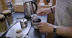 Senior man, hands and tea with a retired grandpa preparing a hot beverage in the home kitchen. Relax, drink and elderly male making a hot herbal brew in a teacup for relaxation at breakfast
