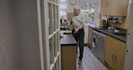 Senior man, coffee or sandwich food in kitchen on house or nursing home for breakfast, lunch or brunch meal. Retirement elderly, tea cup or eating plate of healthy snack, protein nutrition or vitamin