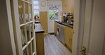 Kitchen, design interior and apartment modern space for cooking, baking or family home. Creative decor, home and interior design, counter and luxury appliances or furniture for property real estate