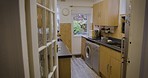 Empty kitchen, home and architecture in room for food and drink cooking. Domestic, appliance and style of a room in a house to cook and clean with a furniture and appliance layout with decor 