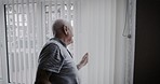 Retirement, man and window hand wave with smile for friendly, happy and neighbourhood greeting. Elderly, pensioner and happiness of senior citizen at home in Australia waving hello at blinds.


