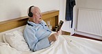 Headphones, phone and old man with relax music in bedroom streaming radio or podcast. Mobile, retirement and elderly male from Canada singing, listening to song audio or sound track in house alone.