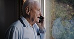 Senior man, angry phone call and shouting by window in bedroom, morning and stress in nursing home. Smartphone, elderly contact and anger in conversation, communication or talk on network while home